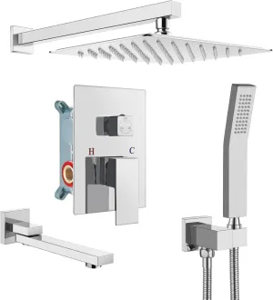 gotonovo 12 inch Bathroom Luxury 3-Function Shower Faucet Set Wall Mounted Rainfall Shower System with Tub Spout Polished Chrome Rough-in Valve Body and Trim Included with Rotating Tub Spout