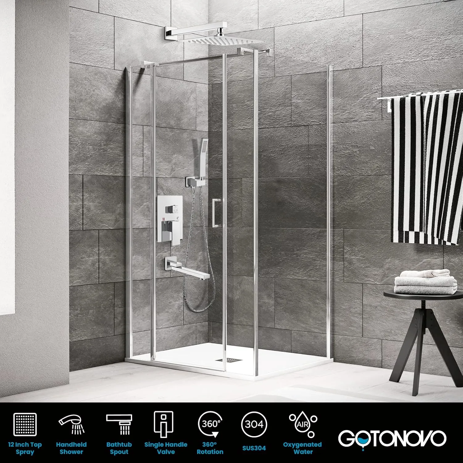 gotonovo 12 inch Bathroom Luxury 3-Function Shower Faucet Set Wall Mounted Rainfall Shower System with Tub Spout Polished Chrome Rough-in Valve Body and Trim Included with Rotating Tub Spout