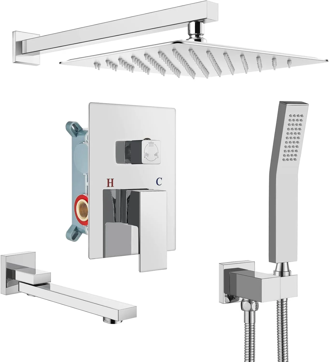 gotonovo 12 inch Bathroom Luxury 3-Function Shower Faucet Set Wall Mounted Rainfall Shower System with Tub Spout Polished Chrome Rough-in Valve Body and Trim Included with Rotating Tub Spout