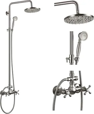 gotonovo Exposed Bathroom Shower Faucet Set Shower Fixture 8 Inch Rainfall Shower Head Handheld Shower Cross Handle Wall Mount 2 Functions Brushed Nickel