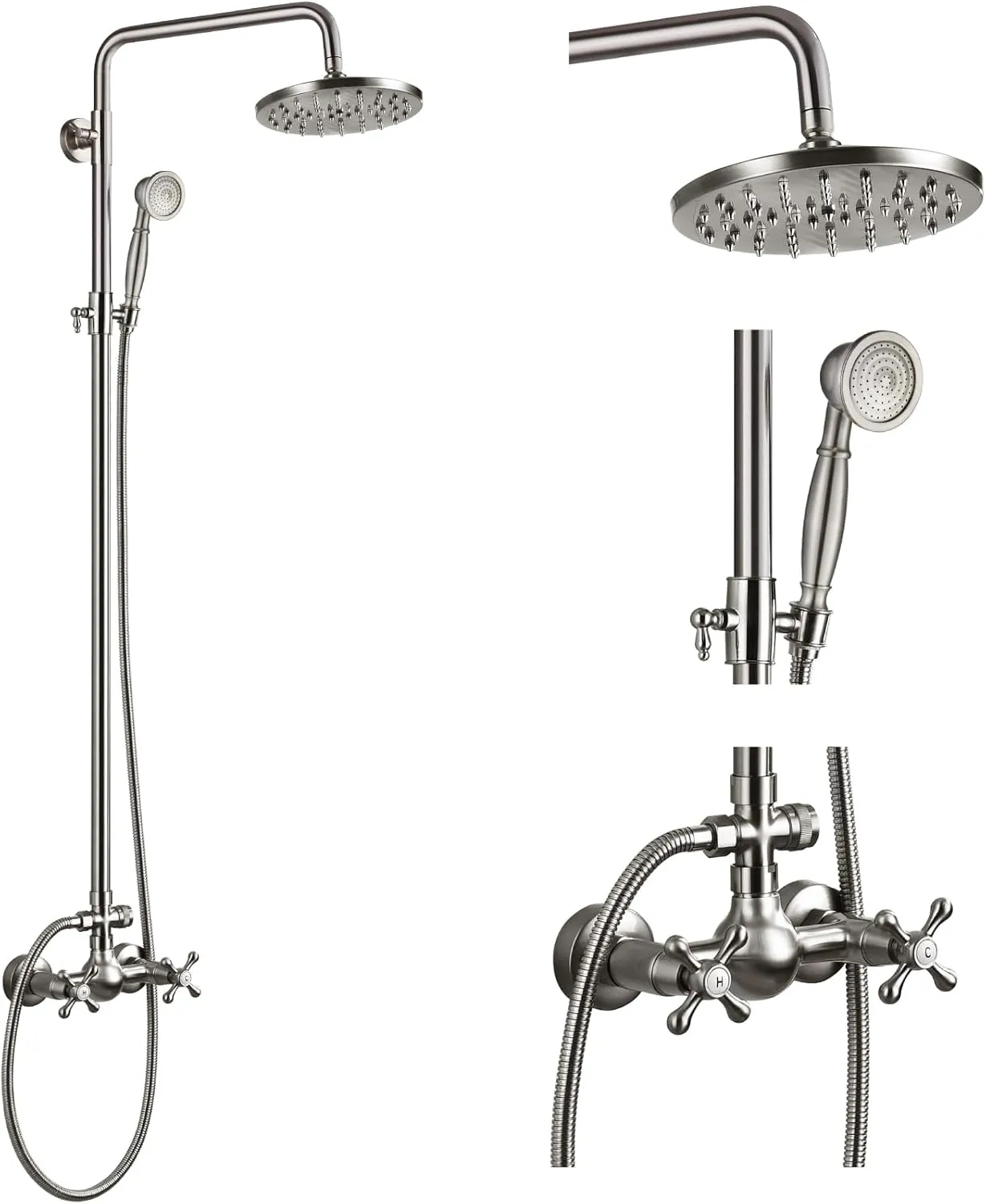 gotonovo Exposed Bathroom Shower Faucet Set Shower Fixture 8 Inch Rainfall Shower Head Handheld Shower Cross Handle Wall Mount 2 Functions Brushed Nickel
