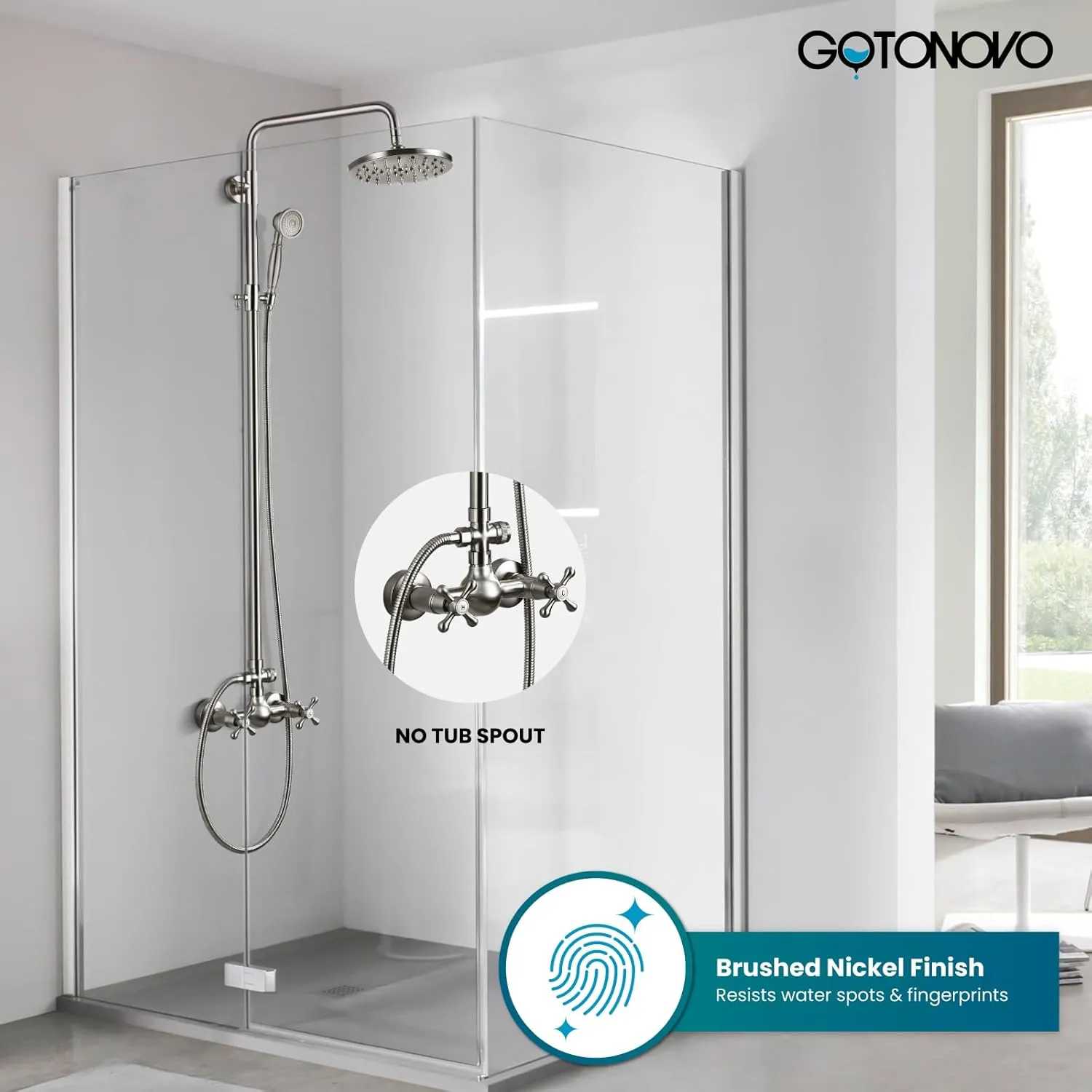 gotonovo Exposed Bathroom Shower Faucet Set Shower Fixture 8 Inch Rainfall Shower Head Handheld Shower Cross Handle Wall Mount 2 Functions Brushed Nickel