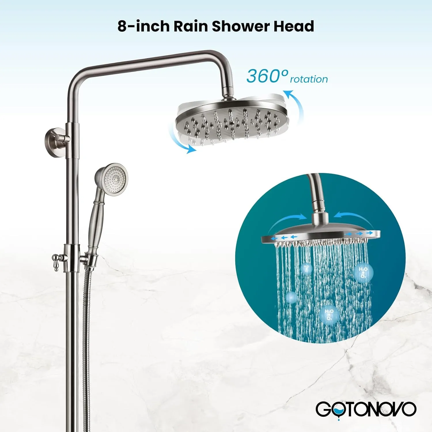 gotonovo Exposed Bathroom Shower Faucet Set Shower Fixture 8 Inch Rainfall Shower Head Handheld Shower Cross Handle Wall Mount 2 Functions Brushed Nickel