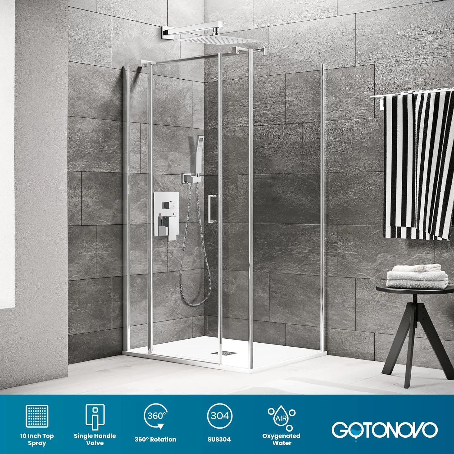 gotonovo Rainfall Bathroom Shower System Rain Shower Head and Handle Set Wall Mounted Shower Complete Combo Solid Brass Pressure Balancing Shower Mixer Valve 10 Inch Polished Chrome