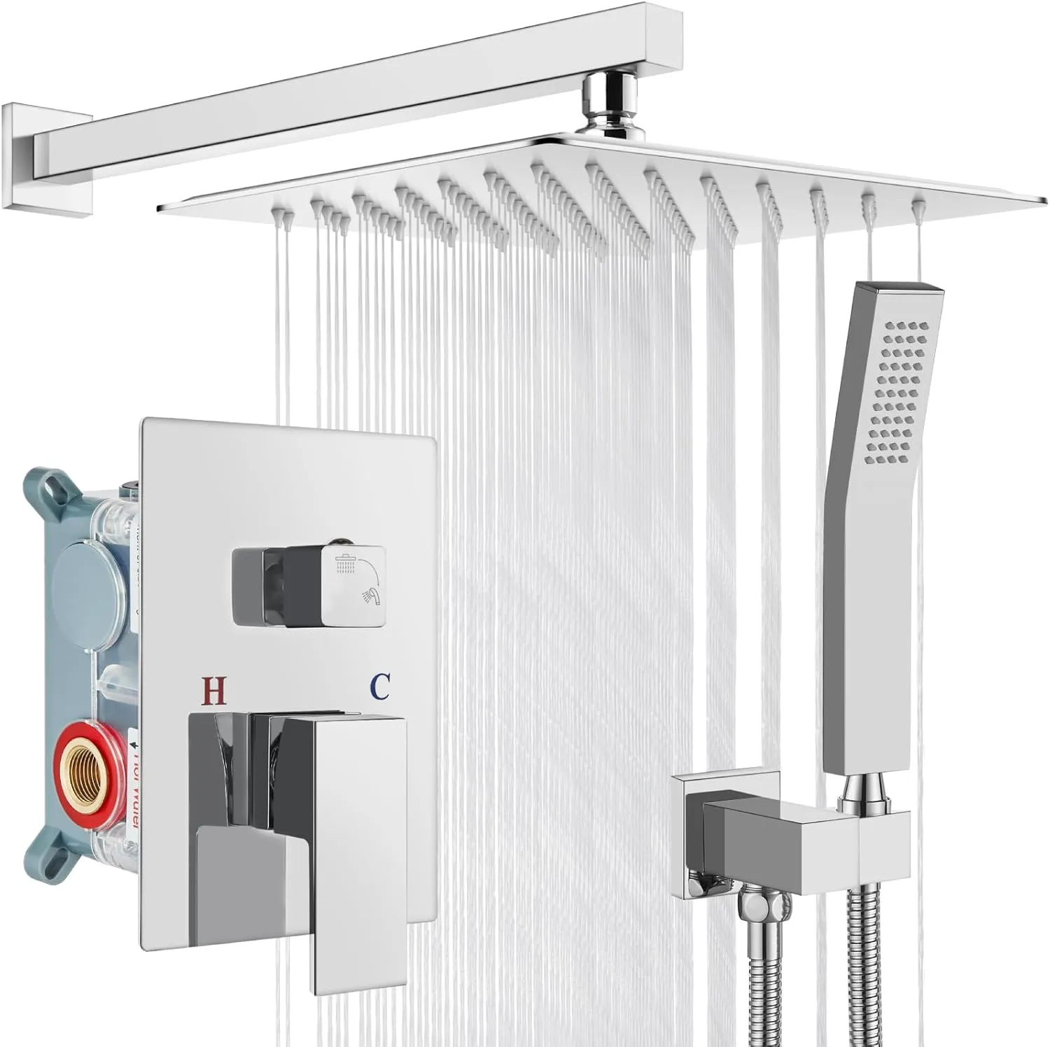 gotonovo Rainfall Bathroom Shower System Rain Shower Head and Handle Set Wall Mounted Shower Complete Combo Solid Brass Pressure Balancing Shower Mixer Valve 10 Inch Polished Chrome