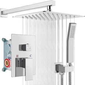 gotonovo Rainfall Bathroom Shower System Rain Shower Head and Handle Set Wall Mounted Shower Complete Combo Solid Brass Pressure Balancing Shower Mixer Valve 10 Inch Polished Chrome