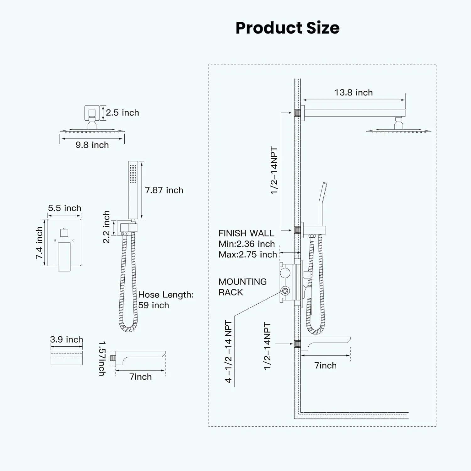gotonovo Shower System with Tub Spout,Waterfall Tub Shower Faucet Set for Bathroom Head and Handle Set Wall Mounted 3 Function Rough-in Valve and Trim Included 10 inch Shower Head Matte Black