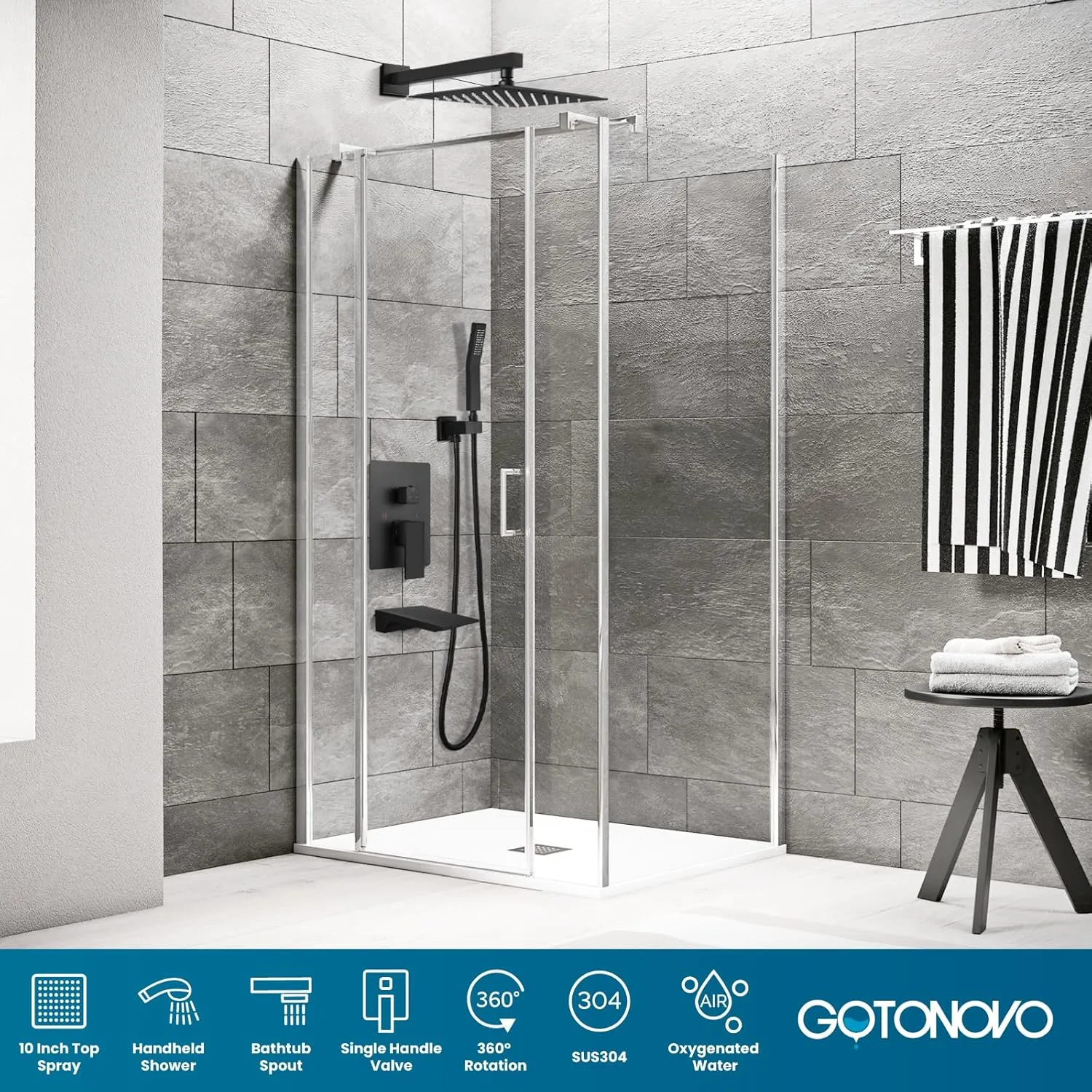 gotonovo Shower System with Tub Spout,Waterfall Tub Shower Faucet Set for Bathroom Head and Handle Set Wall Mounted 3 Function Rough-in Valve and Trim Included 10 inch Shower Head Matte Black