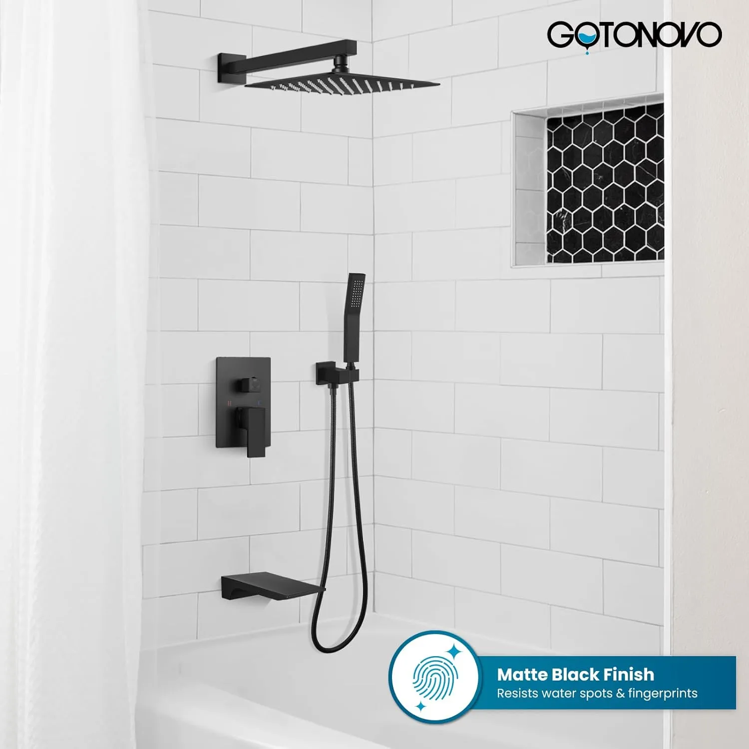 gotonovo Shower System with Tub Spout,Waterfall Tub Shower Faucet Set for Bathroom Head and Handle Set Wall Mounted 3 Function Rough-in Valve and Trim Included 10 inch Shower Head Matte Black