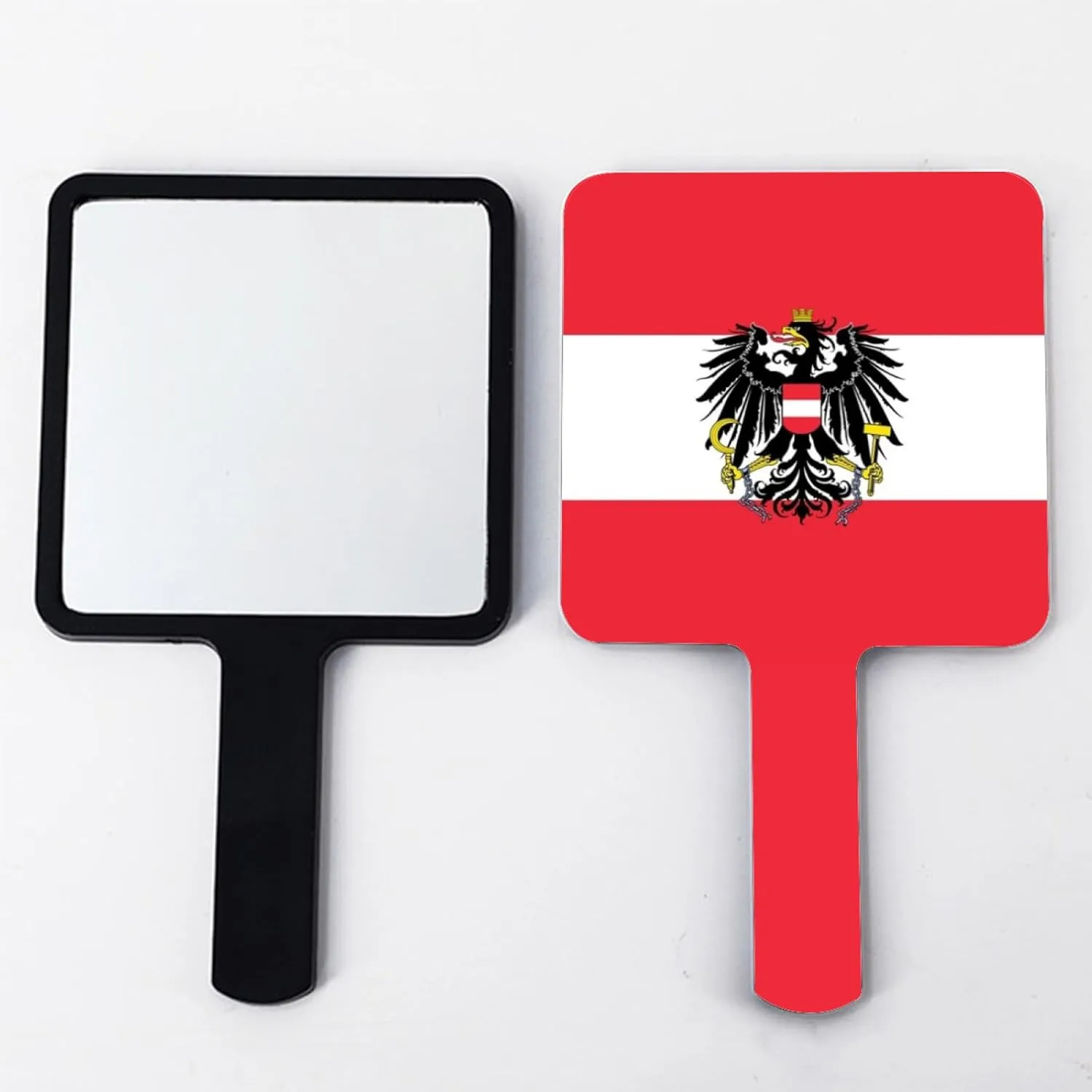 GOYMFKM Funny Austria Map Flag Makeup Mirror with Handle, Square Cosmetic Hand Mirror, Portable Travel Handheld Mirror for Makeup, Shaving, Facial Care Black 9×16Cm