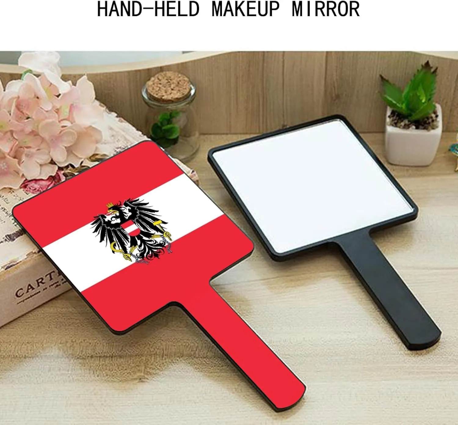 GOYMFKM Funny Austria Map Flag Makeup Mirror with Handle, Square Cosmetic Hand Mirror, Portable Travel Handheld Mirror for Makeup, Shaving, Facial Care Black 9×16Cm