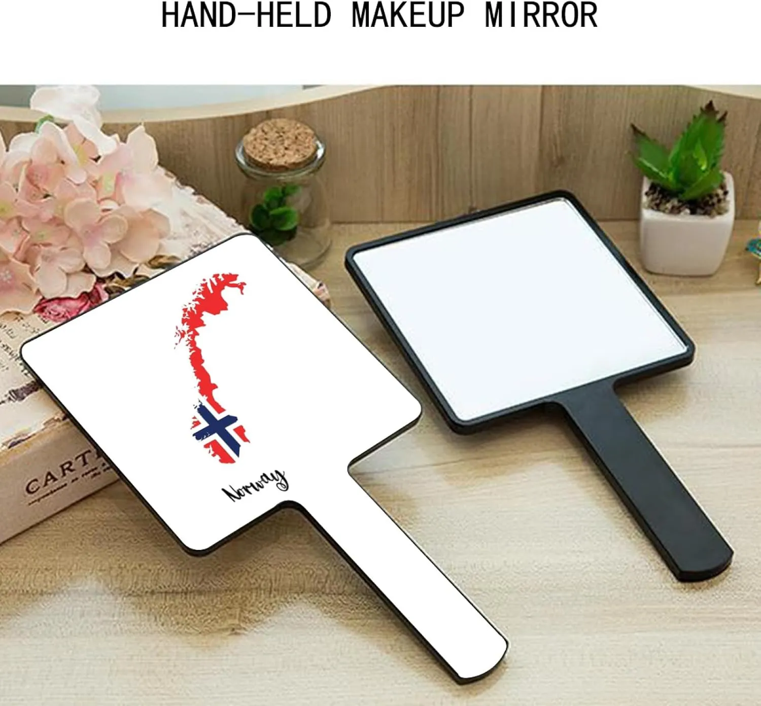 GOYMFKM Funny Norway Map National Flag Makeup Mirror with Handle, Square Cosmetic Portable Travel Handheld Mirror for Makeup, Shaving, Facial Care Black 9×16Cm