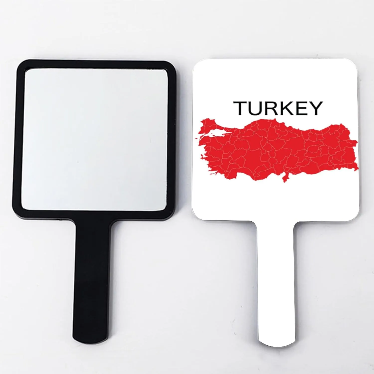 GOYMFKM Novelty Republic of Türkiye Map National Flag Handheld Vanity Mirror - Beauty Hairdressing Mirror for Women, Makeup Handheld Mirror with Handle Black 12×22Cm