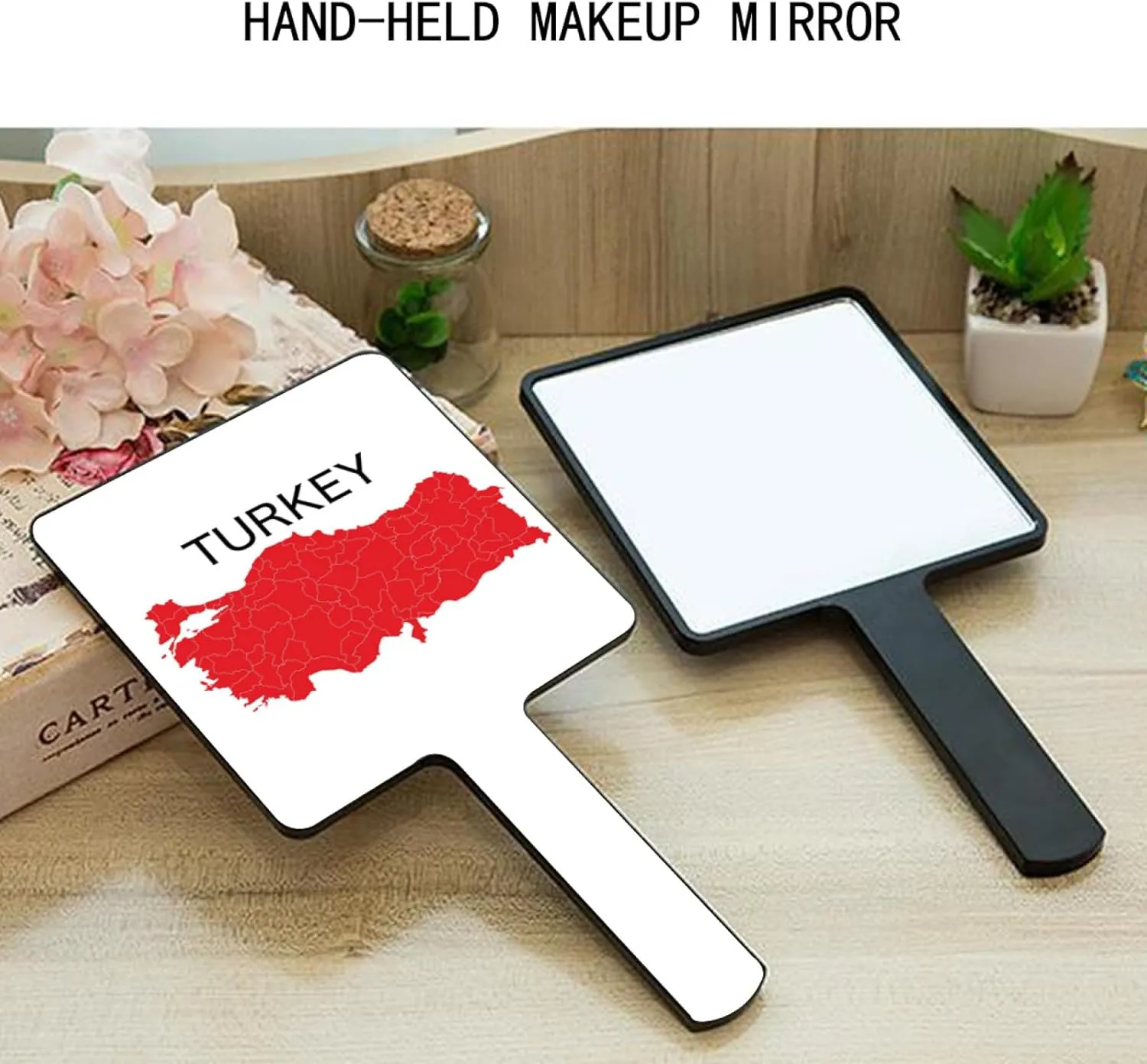 GOYMFKM Novelty Republic of Türkiye Map National Flag Handheld Vanity Mirror - Beauty Hairdressing Mirror for Women, Makeup Handheld Mirror with Handle Black 12×22Cm
