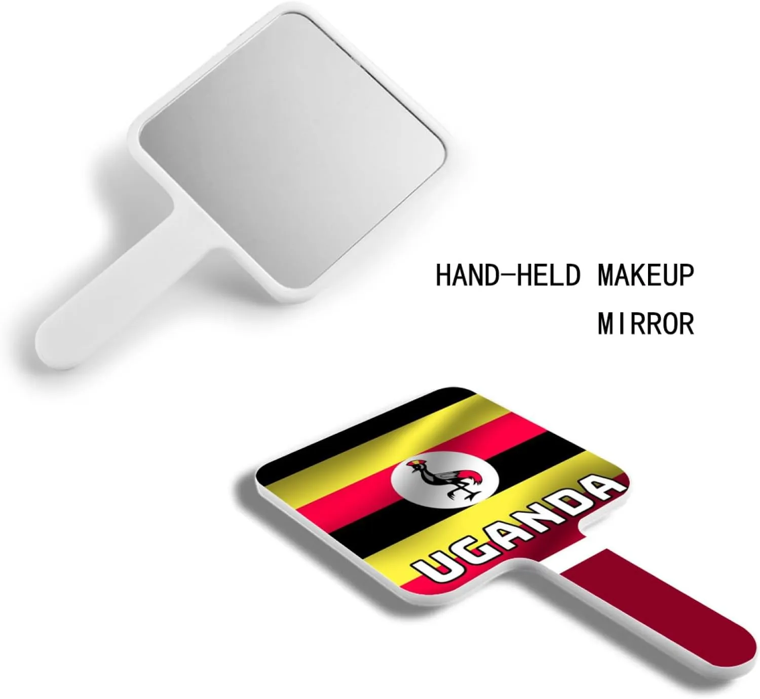 GOYMFKM Novelty Republic of Uganda Map National Flag Hand Mirror, Square Barbers and Hairdressers Mirrors, Travel Makeup Hand Held Mirror with Handle White 9×16Cm