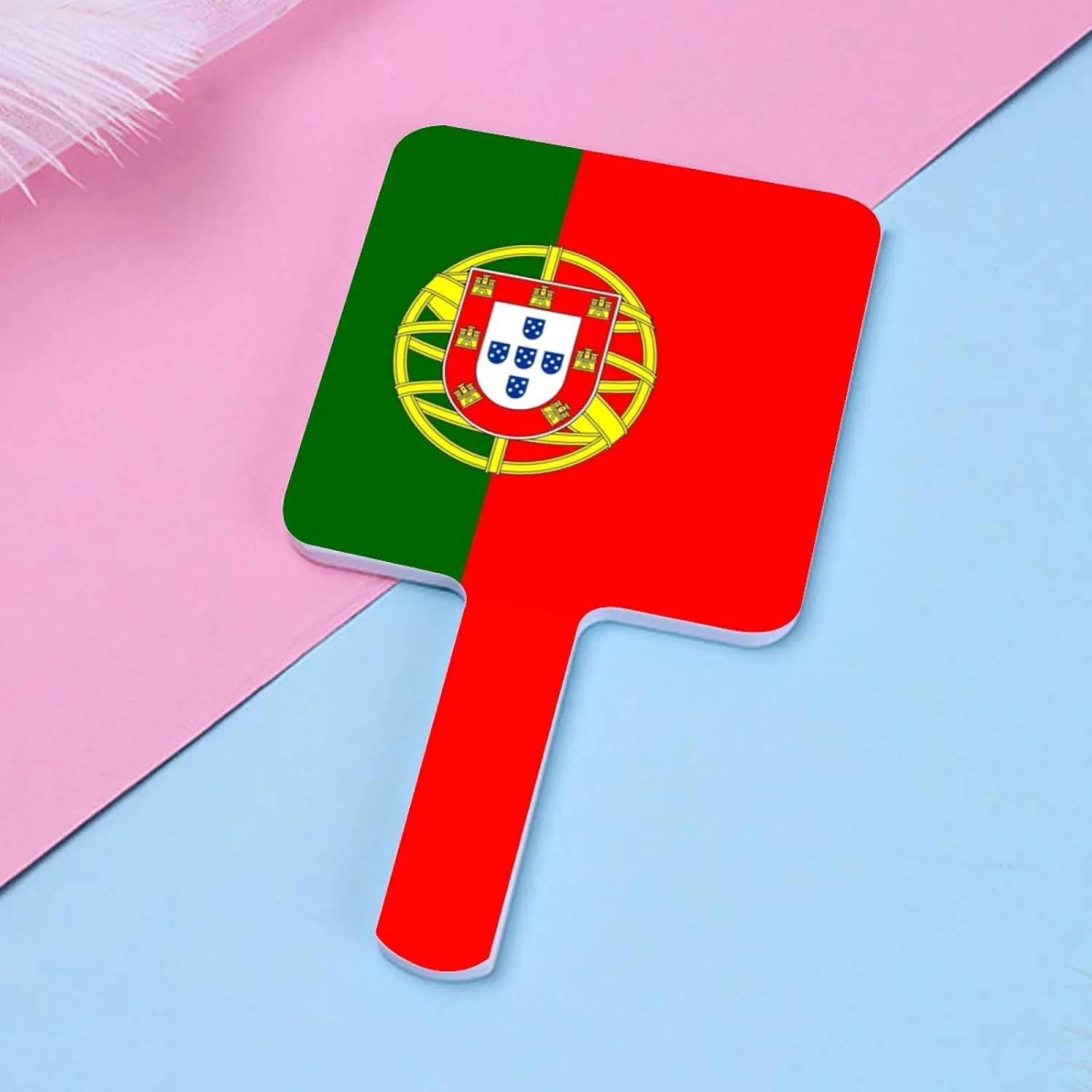GOYMFKM Portable Travel Hand Mirror - Salon Barber Hairdressing Handheld Mirror with Handle, Novelty Portugal Flag Pattern Makeup Mirror(Square) White 9×16Cm