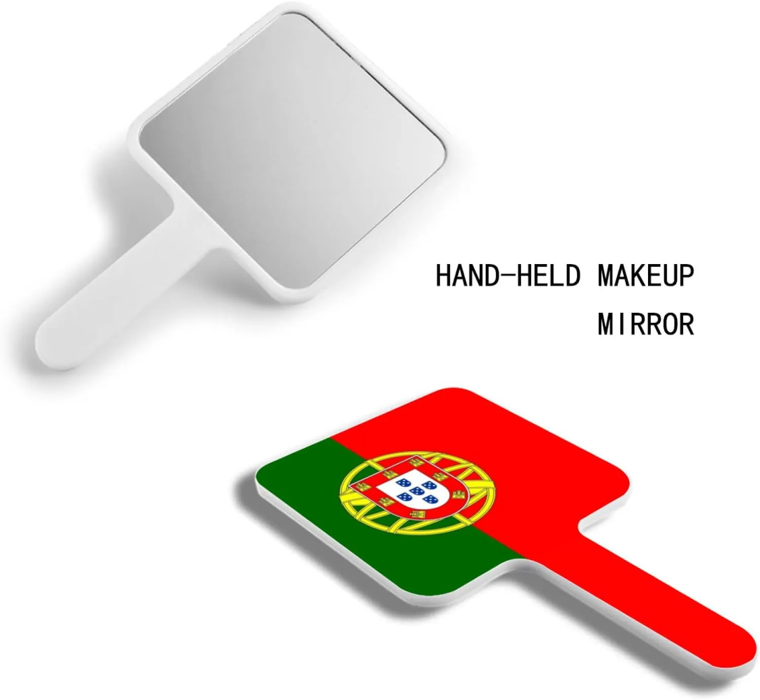 GOYMFKM Portable Travel Hand Mirror - Salon Barber Hairdressing Handheld Mirror with Handle, Novelty Portugal Flag Pattern Makeup Mirror(Square) White 9×16Cm