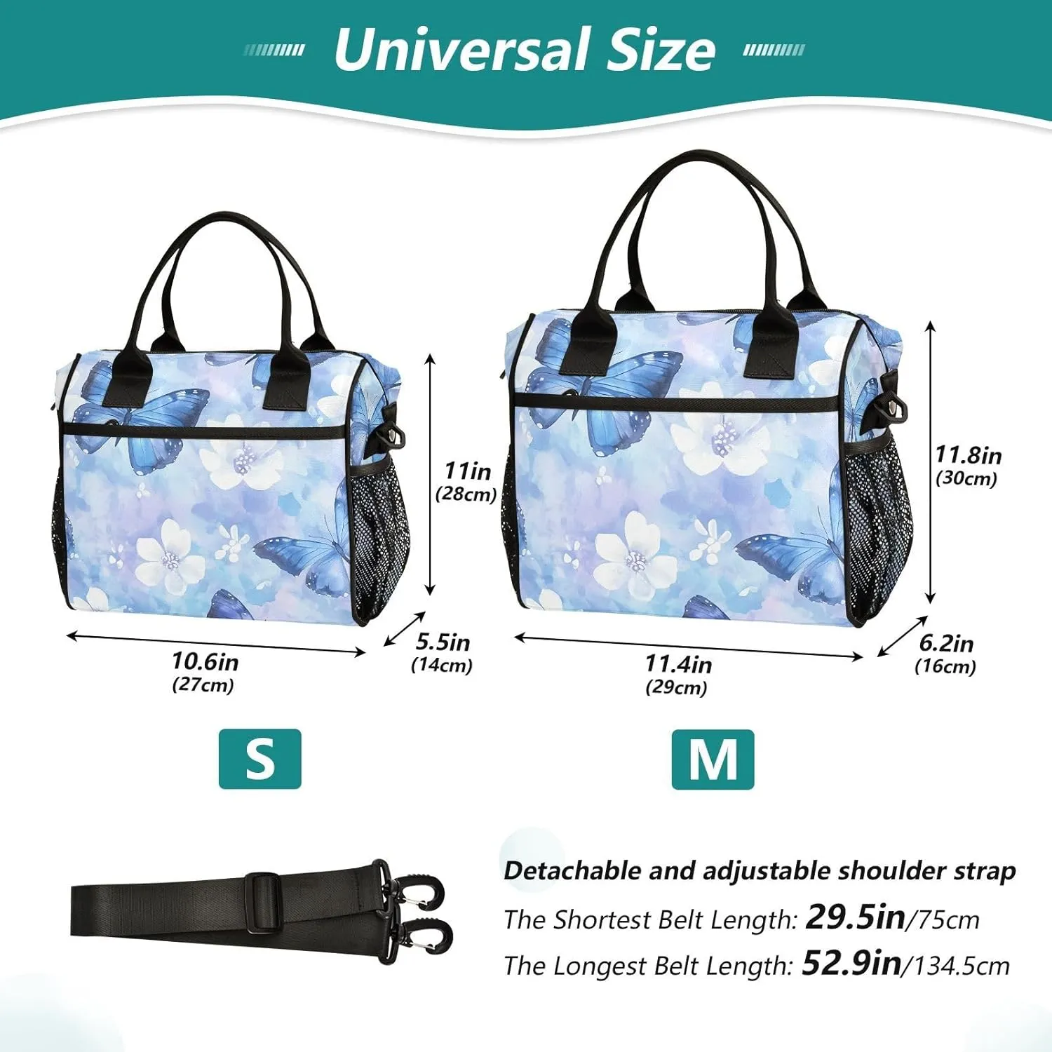 Graffiti Blue Butterfly Lunch Bag, Reusable Handheld Portable Insulated Lunch Bag with Removable Shoulder Strap