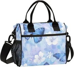 Graffiti Blue Butterfly Lunch Bag, Reusable Handheld Portable Insulated Lunch Bag with Removable Shoulder Strap