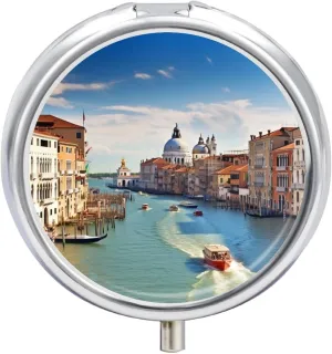 Grand Canal in Italy Pill Box 3 Compartment Travel Pill Organizer with Mirror Design Portable Pillcase for Pocket Or Purse Round Medicine Case Weekly Medicine Container Holder for Daily Meds