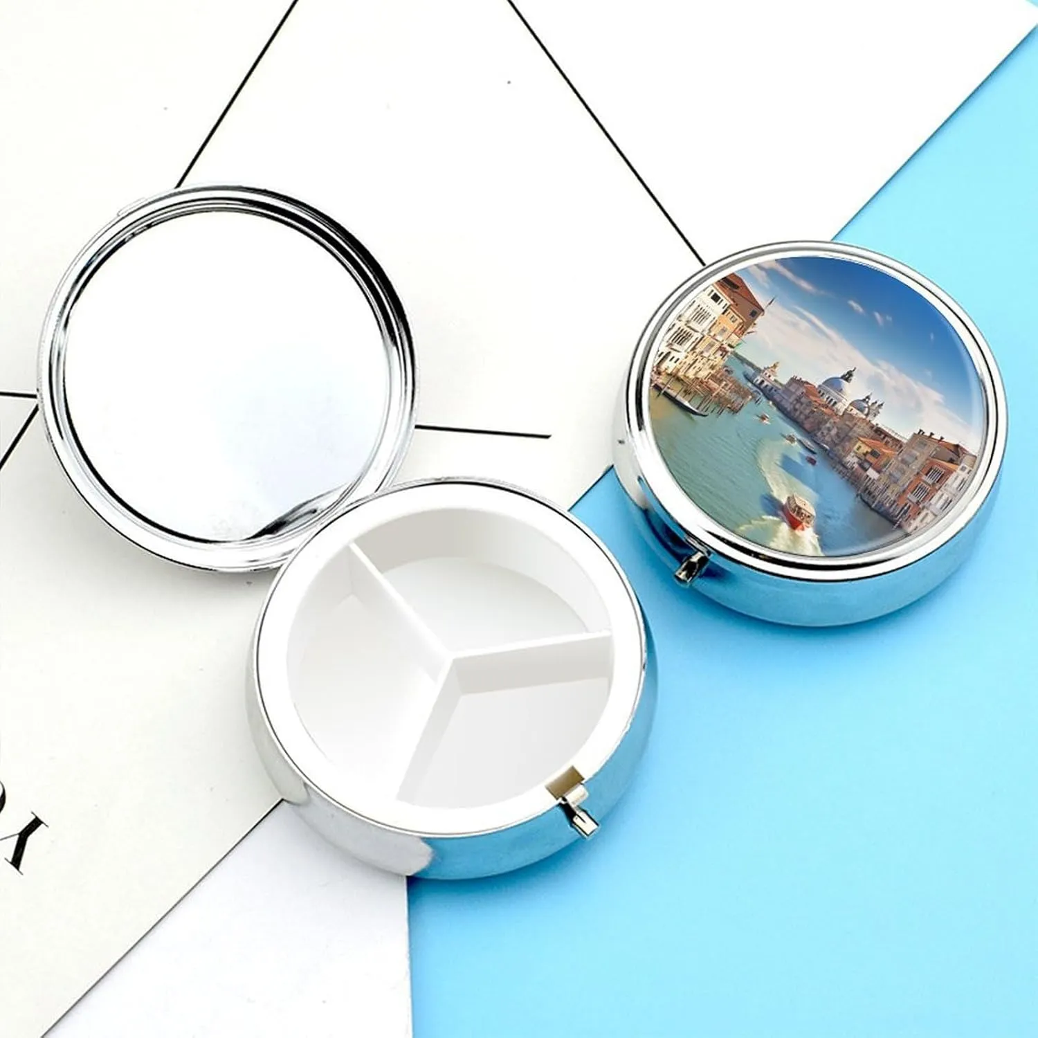 Grand Canal in Italy Pill Box 3 Compartment Travel Pill Organizer with Mirror Design Portable Pillcase for Pocket Or Purse Round Medicine Case Weekly Medicine Container Holder for Daily Meds