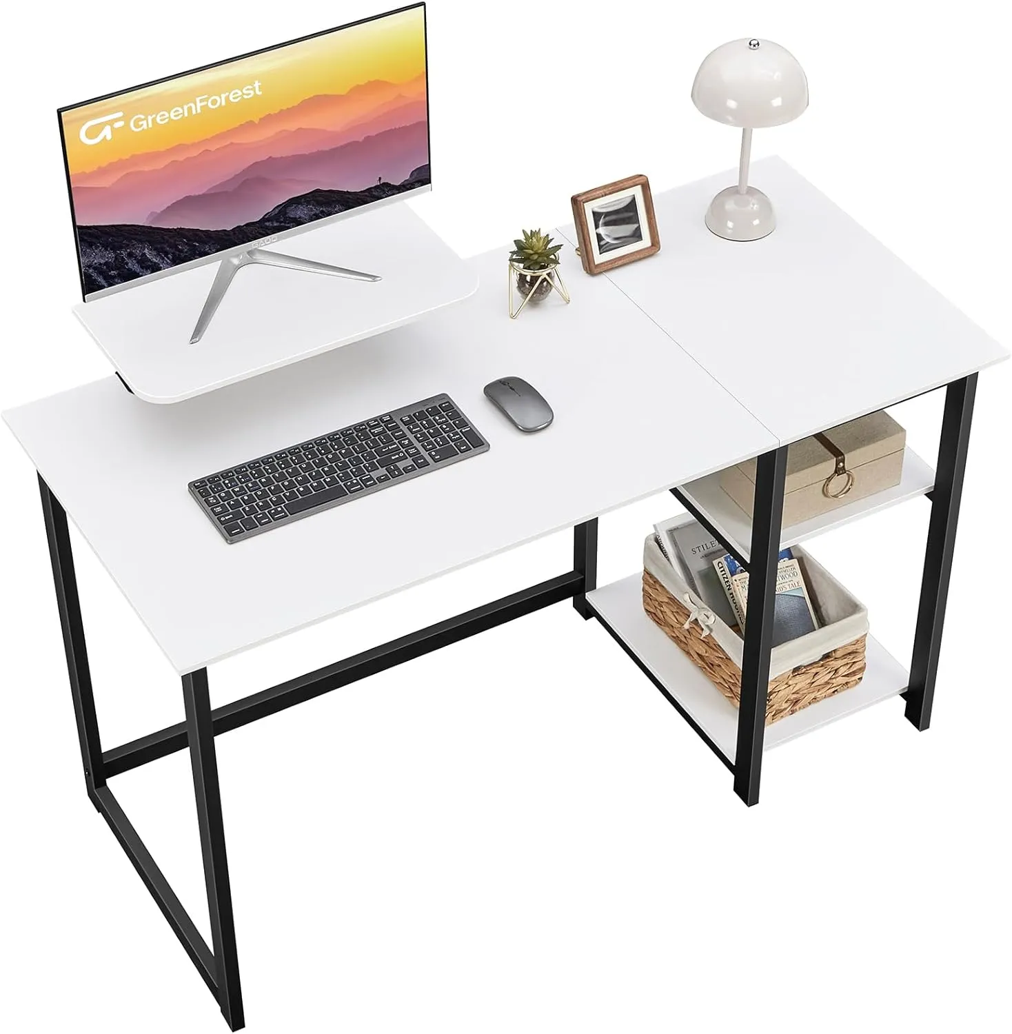GreenForest Computer Desk with Monitor Stand and Reversible Storage Shelves,39 inch Small Home Office Writing Study Desk for Small Spaces,White