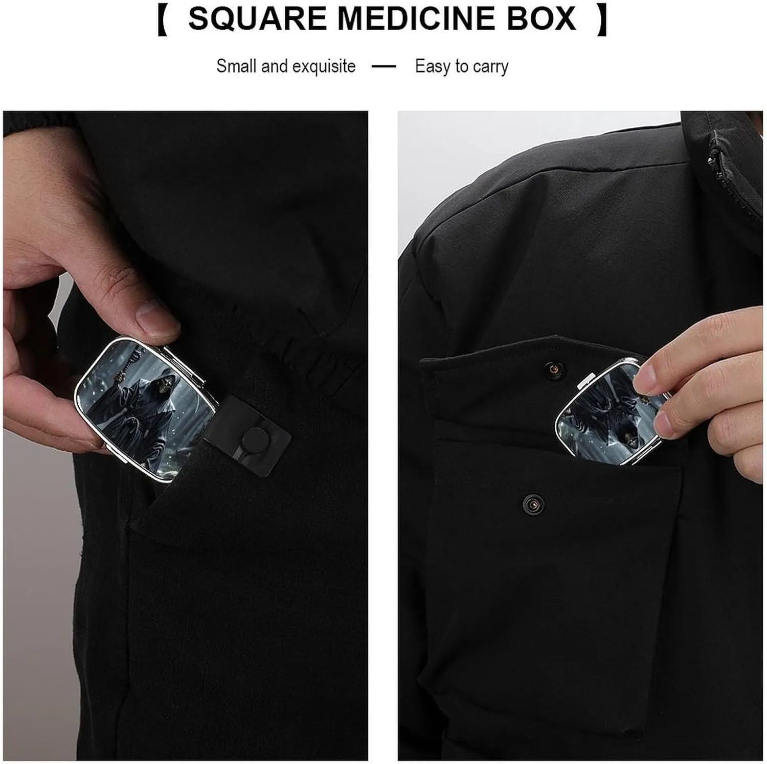 Grim Reaper Pill Box 2 Compartment Travel Pill Organizer with Mirror Design Portable Pillcase for Pocket Or Purse Square Medicine Case Weekly Medicine Container Holder for Daily Meds