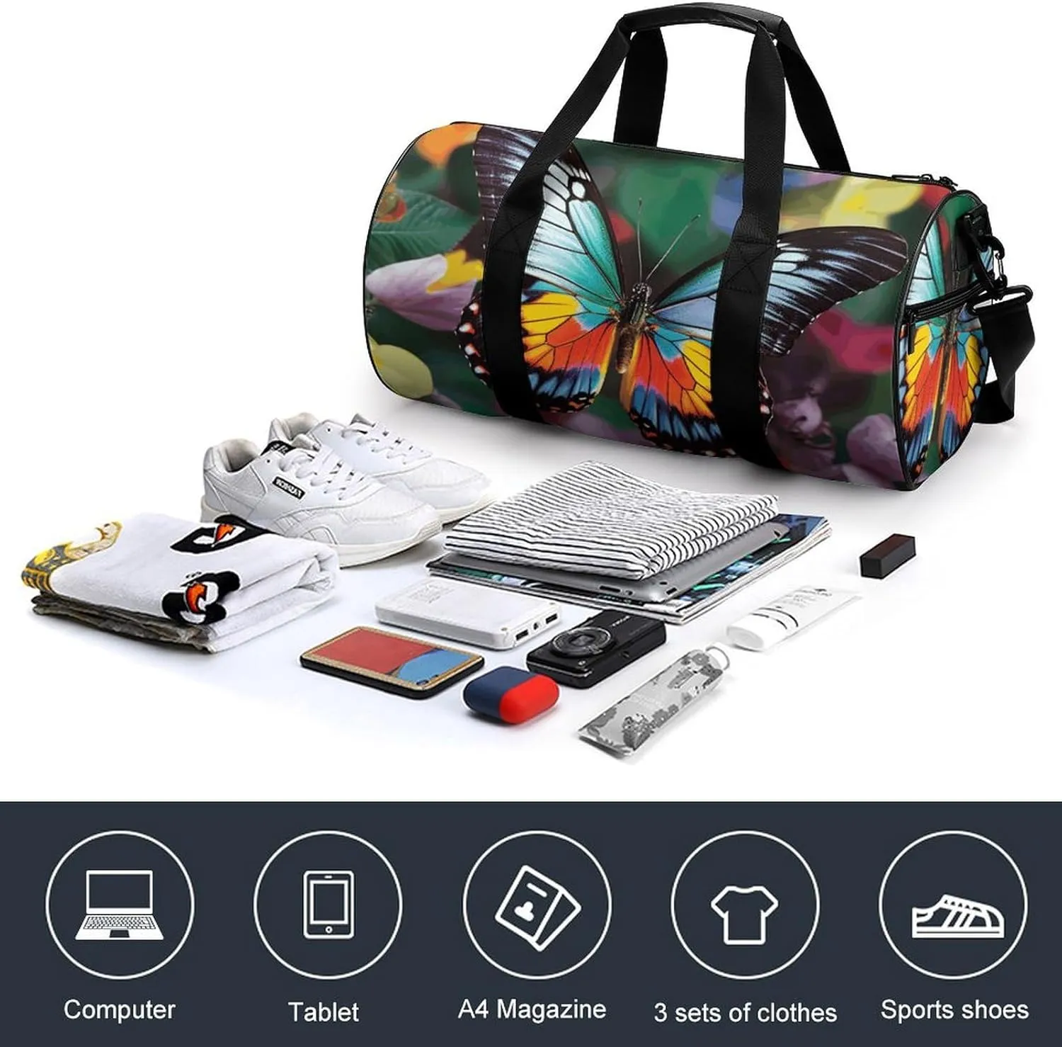 Gym Bag Colorful Butterfly Duffel Bag for Men Women Overnight Bag with Shoe Compartment Workout Bags