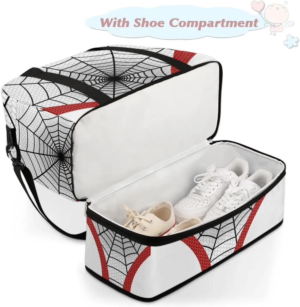 Gym Bag for Men Women, Carry on Travel Duffel Bag with Trolley Sleeve, White Spider Web Waterproof Weekender Overnight Bags with Shoes and Wet Clothes Compartment for Sleepover Workout Sports