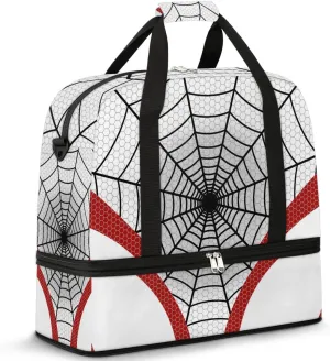 Gym Bag for Men Women, Carry on Travel Duffel Bag with Trolley Sleeve, White Spider Web Waterproof Weekender Overnight Bags with Shoes and Wet Clothes Compartment for Sleepover Workout Sports