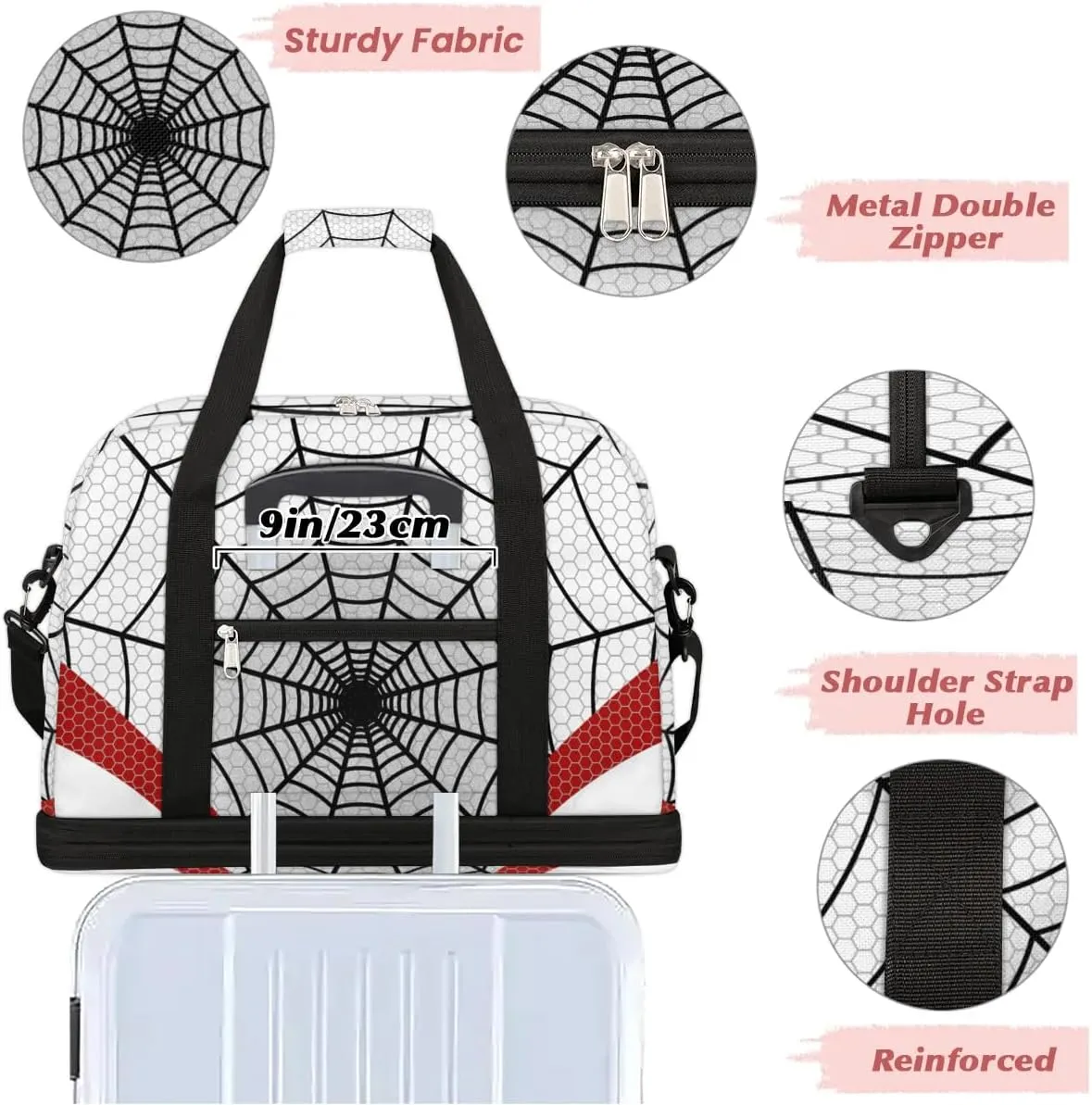 Gym Bag for Men Women, Carry on Travel Duffel Bag with Trolley Sleeve, White Spider Web Waterproof Weekender Overnight Bags with Shoes and Wet Clothes Compartment for Sleepover Workout Sports