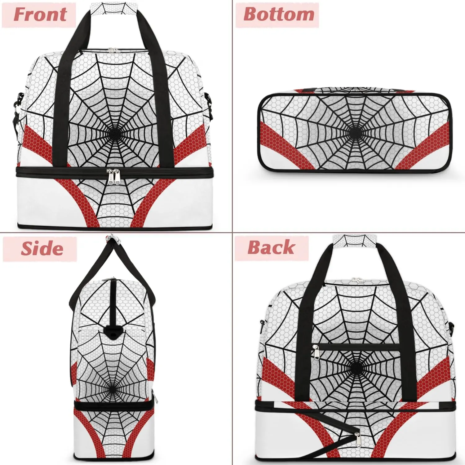 Gym Bag for Men Women, Carry on Travel Duffel Bag with Trolley Sleeve, White Spider Web Waterproof Weekender Overnight Bags with Shoes and Wet Clothes Compartment for Sleepover Workout Sports