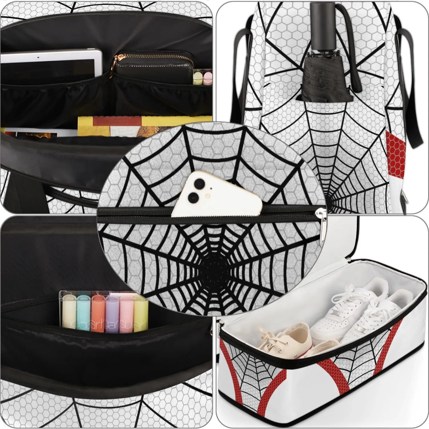 Gym Bag for Men Women, Carry on Travel Duffel Bag with Trolley Sleeve, White Spider Web Waterproof Weekender Overnight Bags with Shoes and Wet Clothes Compartment for Sleepover Workout Sports