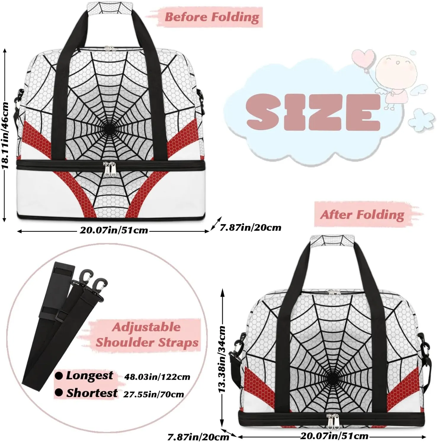 Gym Bag for Men Women, Carry on Travel Duffel Bag with Trolley Sleeve, White Spider Web Waterproof Weekender Overnight Bags with Shoes and Wet Clothes Compartment for Sleepover Workout Sports