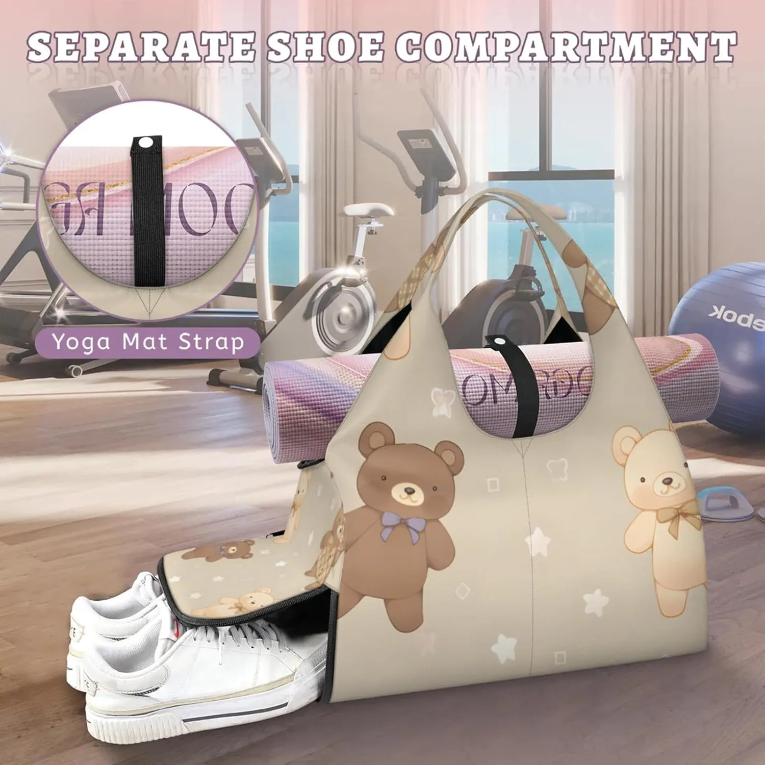 Gym Bag for Women Cartoon Bear Duffel Bag with Shoe Compartment and Yoga Mat Holder Portable Weekender Bags Travel Tote Bags