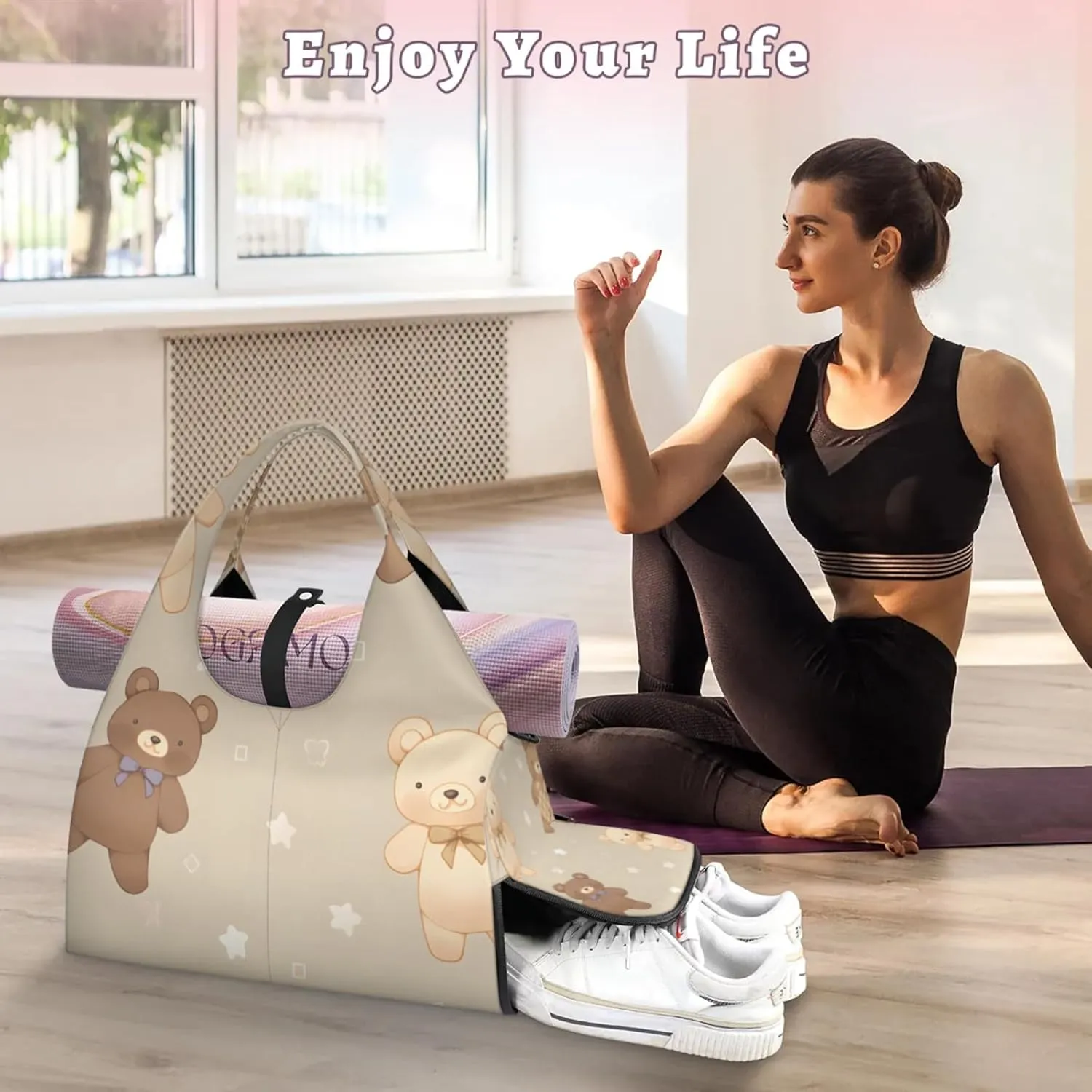 Gym Bag for Women Cartoon Bear Duffel Bag with Shoe Compartment and Yoga Mat Holder Portable Weekender Bags Travel Tote Bags