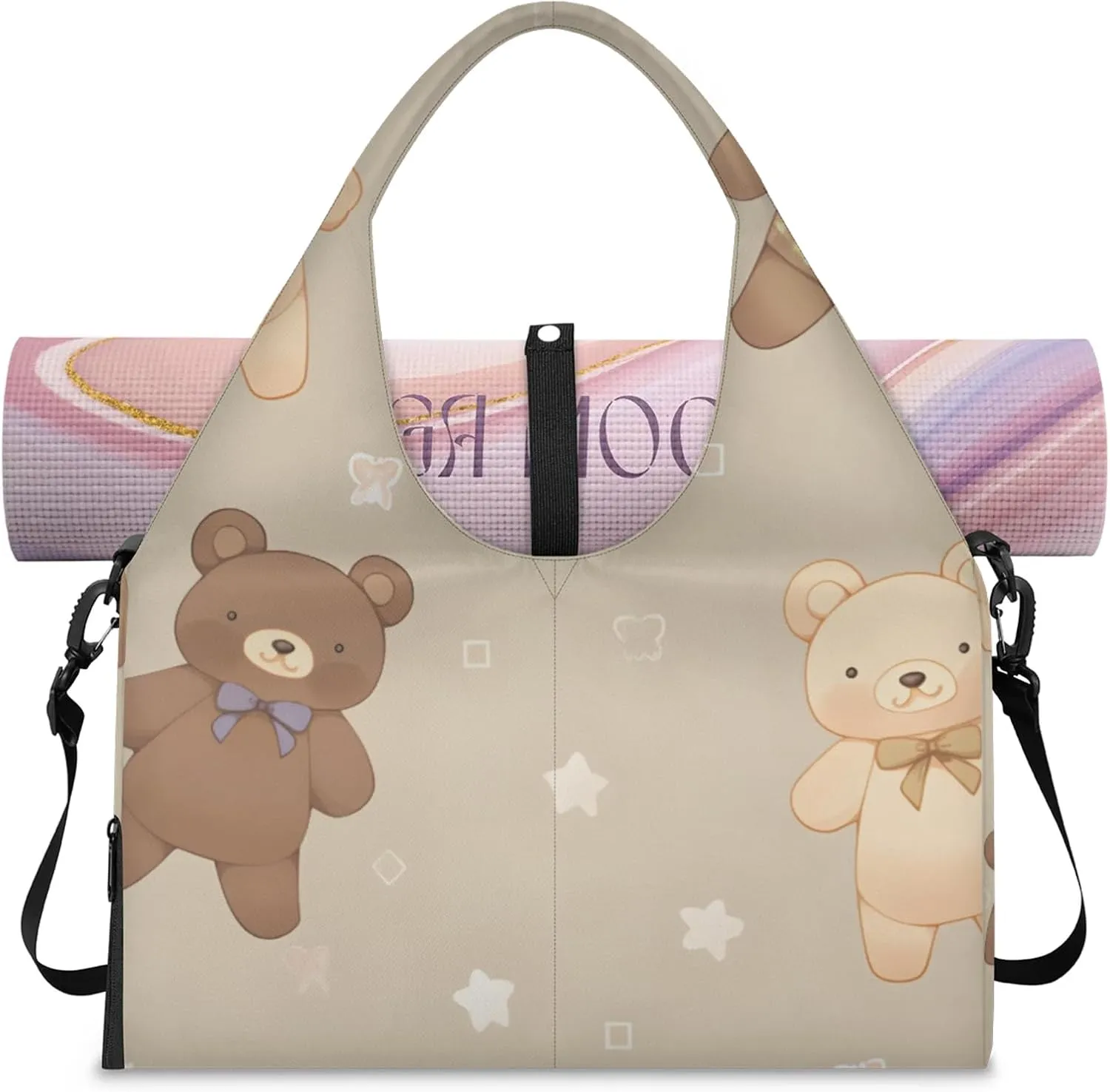 Gym Bag for Women Cartoon Bear Duffel Bag with Shoe Compartment and Yoga Mat Holder Portable Weekender Bags Travel Tote Bags