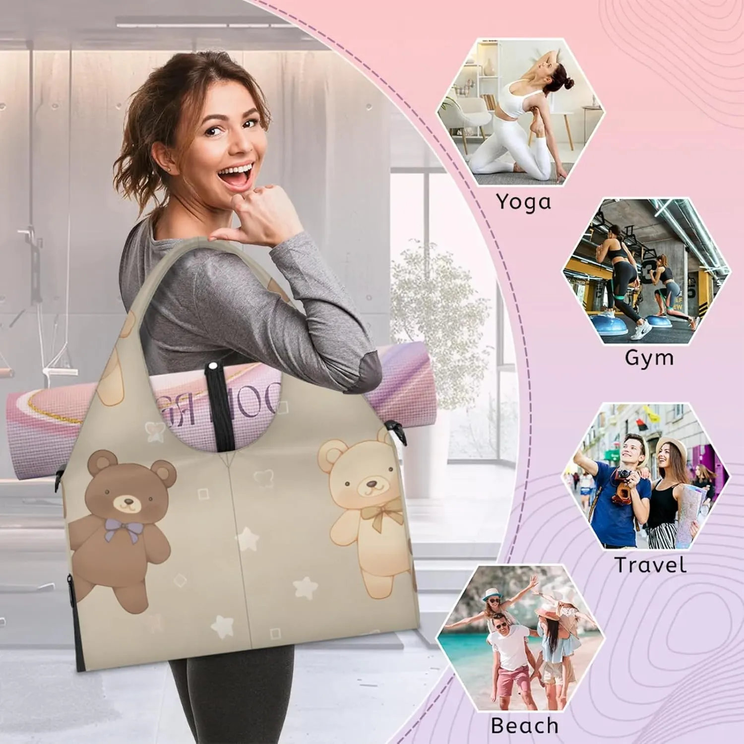 Gym Bag for Women Cartoon Bear Duffel Bag with Shoe Compartment and Yoga Mat Holder Portable Weekender Bags Travel Tote Bags