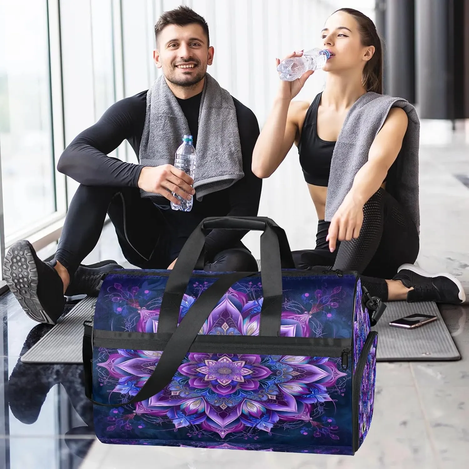 Gym Bag for Women Men Purple Ethnic Mandala Travel Duffle Bag with Shoe Compartment Waterproof Sports Tote Bags Large Overnight Weekender Bags for Travel Swimming Gym Yoga Dance