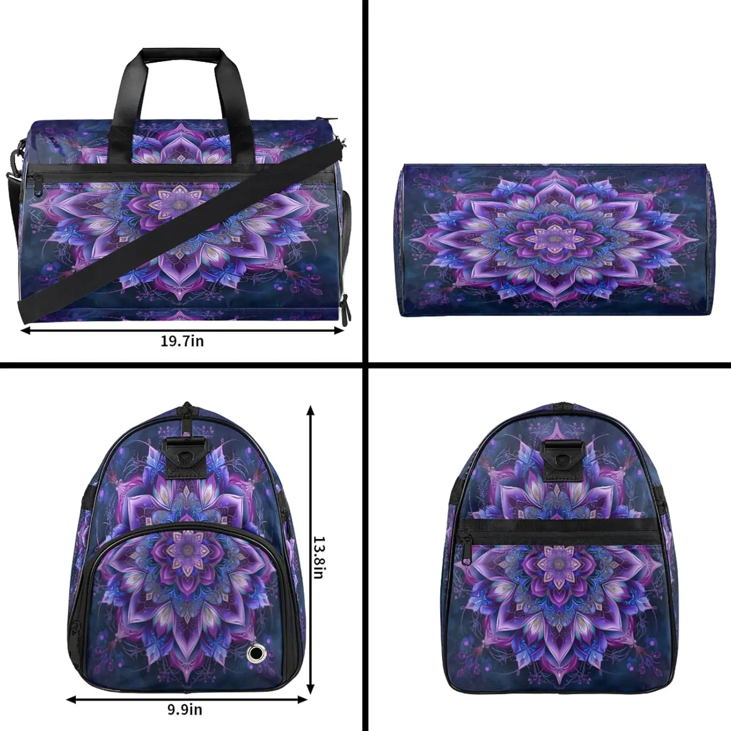 Gym Bag for Women Men Purple Ethnic Mandala Travel Duffle Bag with Shoe Compartment Waterproof Sports Tote Bags Large Overnight Weekender Bags for Travel Swimming Gym Yoga Dance