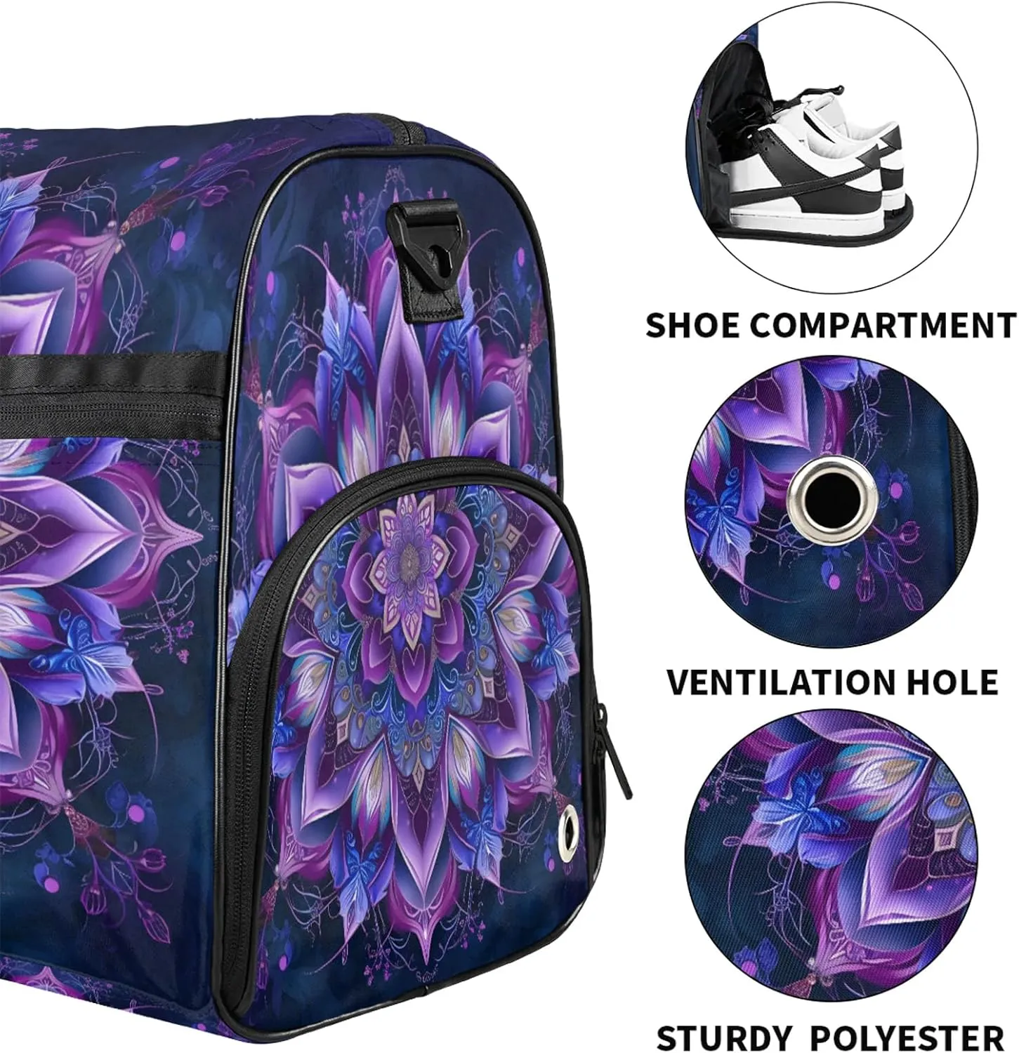 Gym Bag for Women Men Purple Ethnic Mandala Travel Duffle Bag with Shoe Compartment Waterproof Sports Tote Bags Large Overnight Weekender Bags for Travel Swimming Gym Yoga Dance