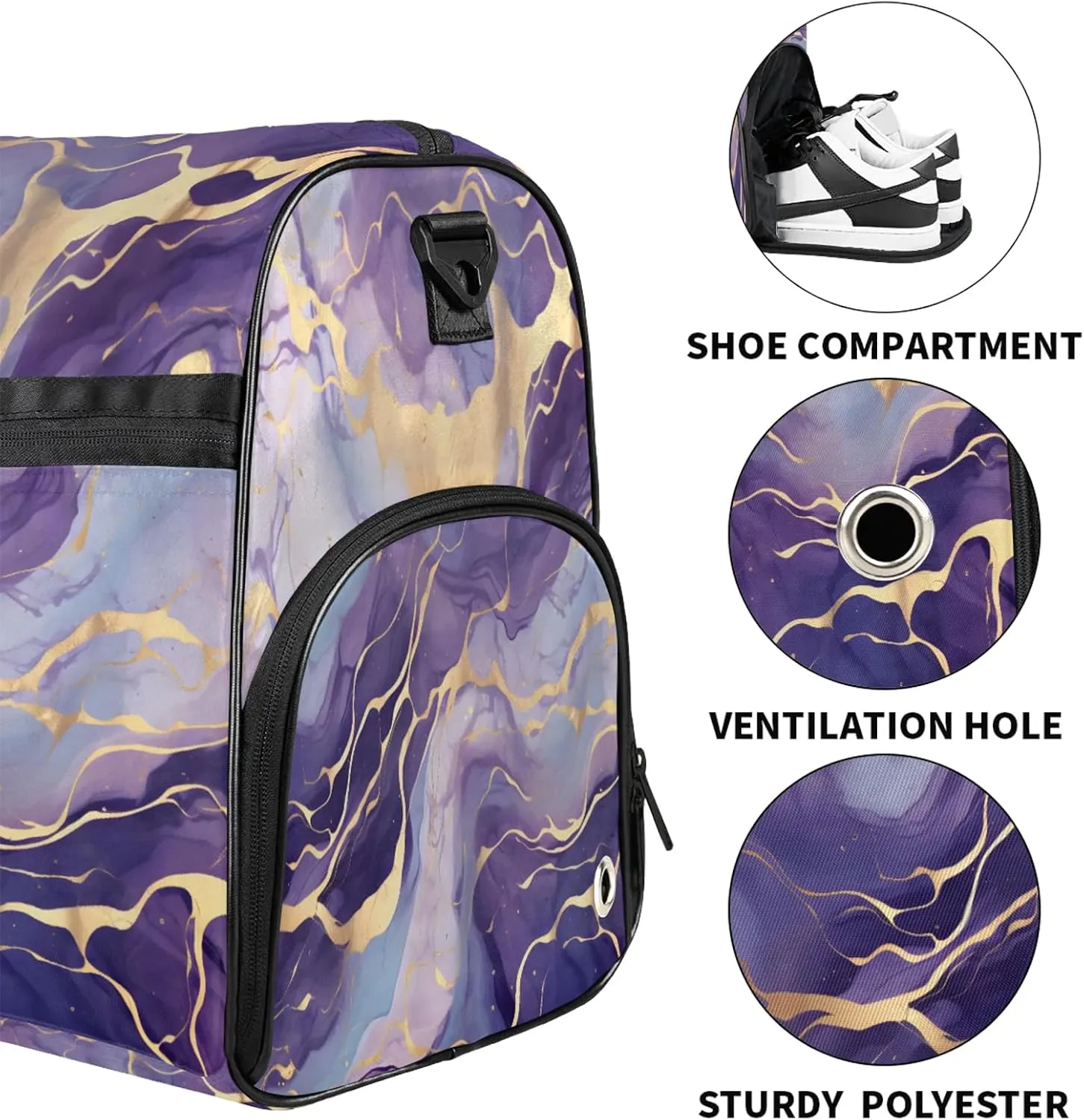 Gym Bag for Women Men Purple Marble Travel Duffle Bag with Shoe Compartment Waterproof Sports Tote Bags Large Overnight Weekender Bags for Travel Swimming Gym Yoga Dance