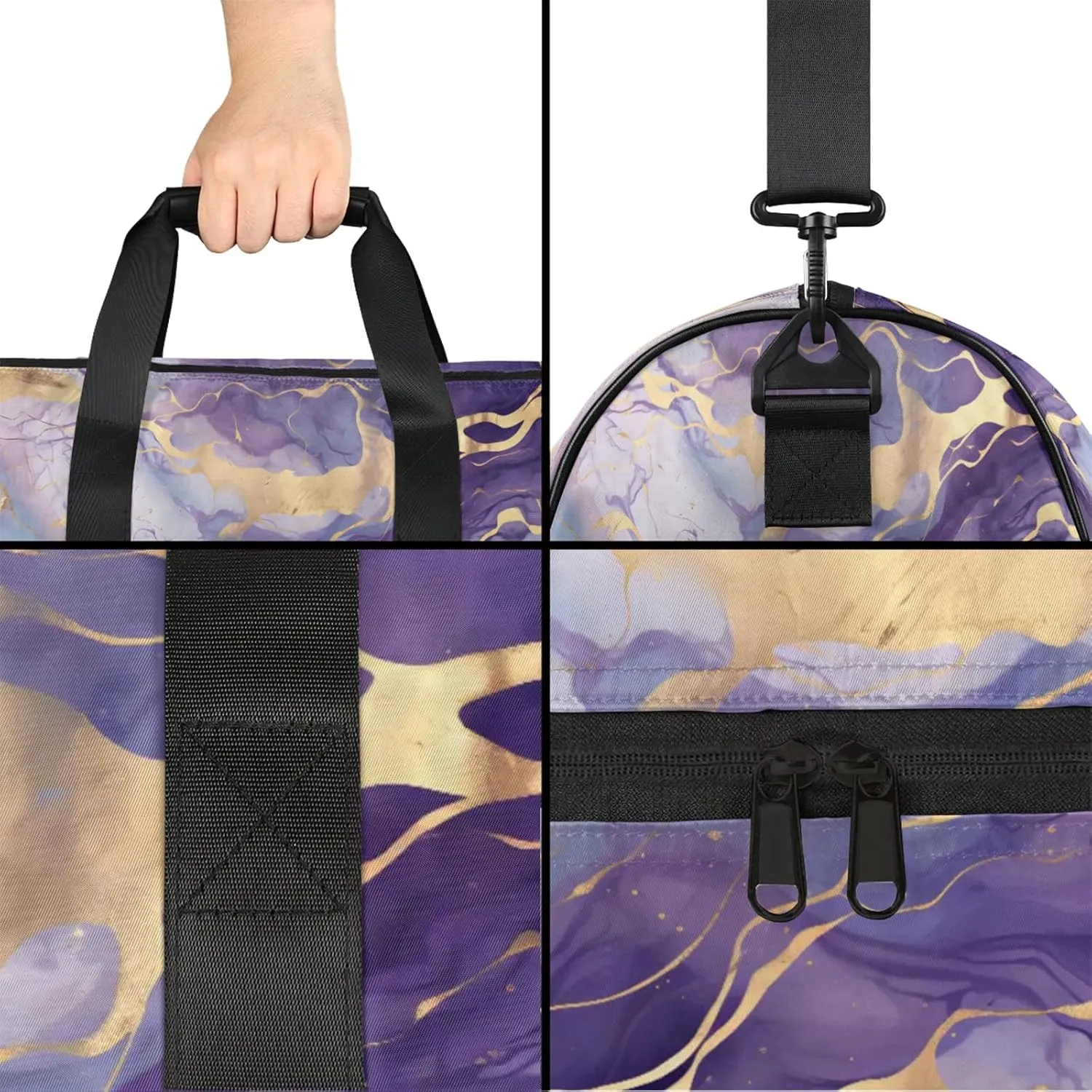 Gym Bag for Women Men Purple Marble Travel Duffle Bag with Shoe Compartment Waterproof Sports Tote Bags Large Overnight Weekender Bags for Travel Swimming Gym Yoga Dance