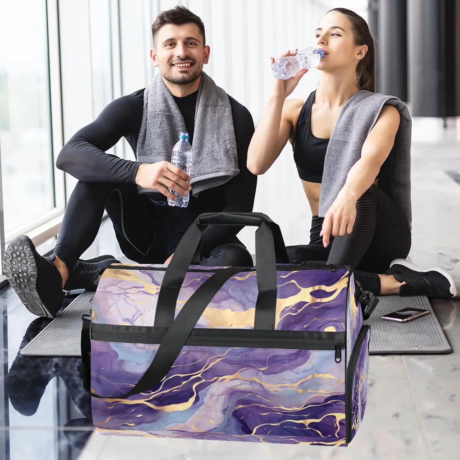 Gym Bag for Women Men Purple Marble Travel Duffle Bag with Shoe Compartment Waterproof Sports Tote Bags Large Overnight Weekender Bags for Travel Swimming Gym Yoga Dance