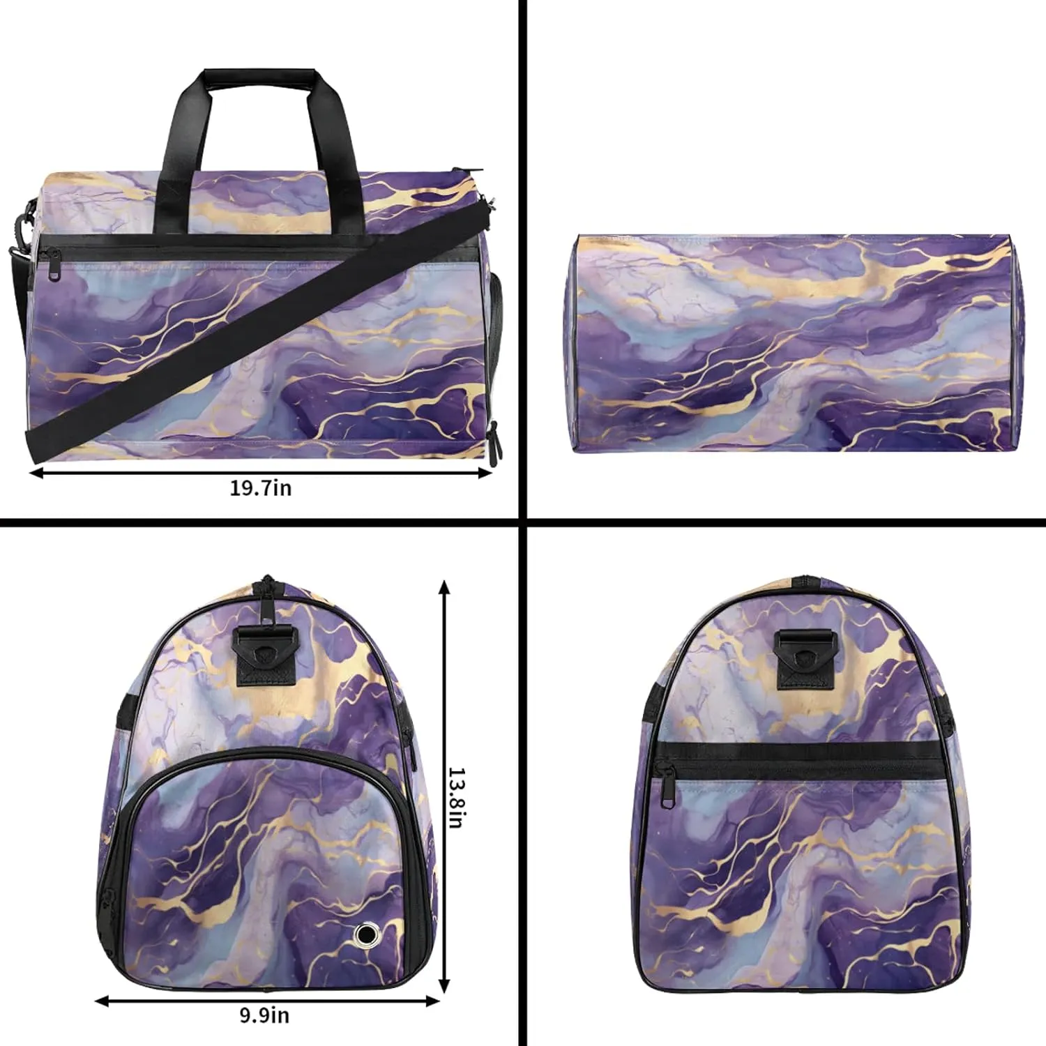 Gym Bag for Women Men Purple Marble Travel Duffle Bag with Shoe Compartment Waterproof Sports Tote Bags Large Overnight Weekender Bags for Travel Swimming Gym Yoga Dance