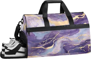 Gym Bag for Women Men Purple Marble Travel Duffle Bag with Shoe Compartment Waterproof Sports Tote Bags Large Overnight Weekender Bags for Travel Swimming Gym Yoga Dance
