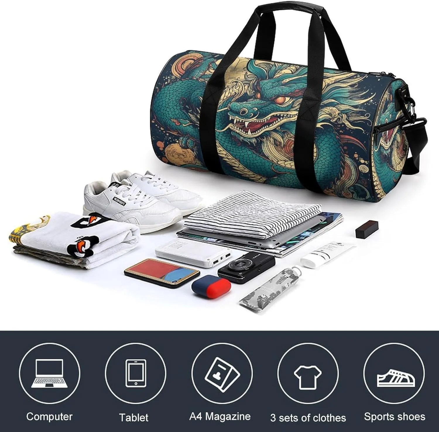 Gym Bags for Men Women Colorful Dragon Pattern Duffle Bag Travel Overnight Bag with Shoe Compartment Tote Bags