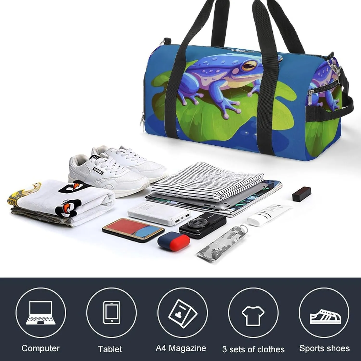 Gym Bags Small A Cartoon Frog Duffel Bag Overnight Bag with Shoe Compartment Carryon Bag for Men Women