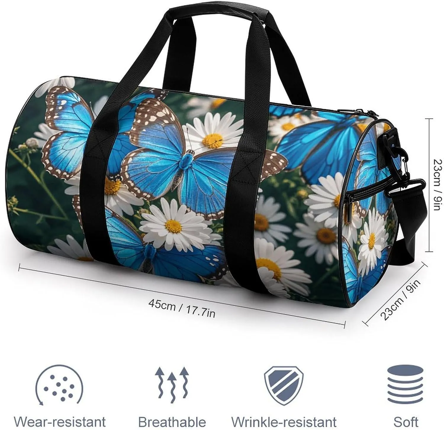 Gym Bags Small Blue Butterflies White Flowers Duffel Bag Overnight Bag with Shoe Compartment Carryon Bag for Men Women
