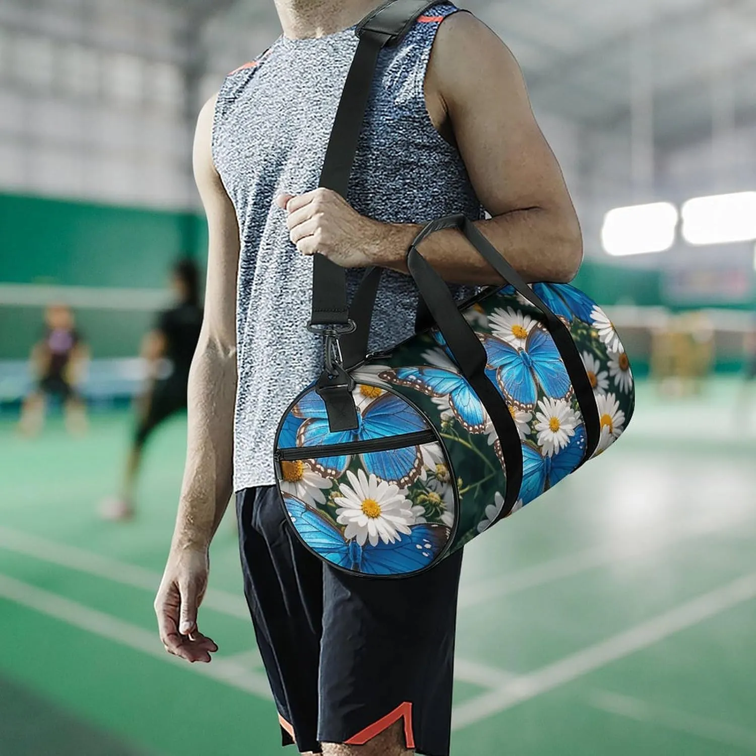 Gym Bags Small Blue Butterflies White Flowers Duffel Bag Overnight Bag with Shoe Compartment Carryon Bag for Men Women